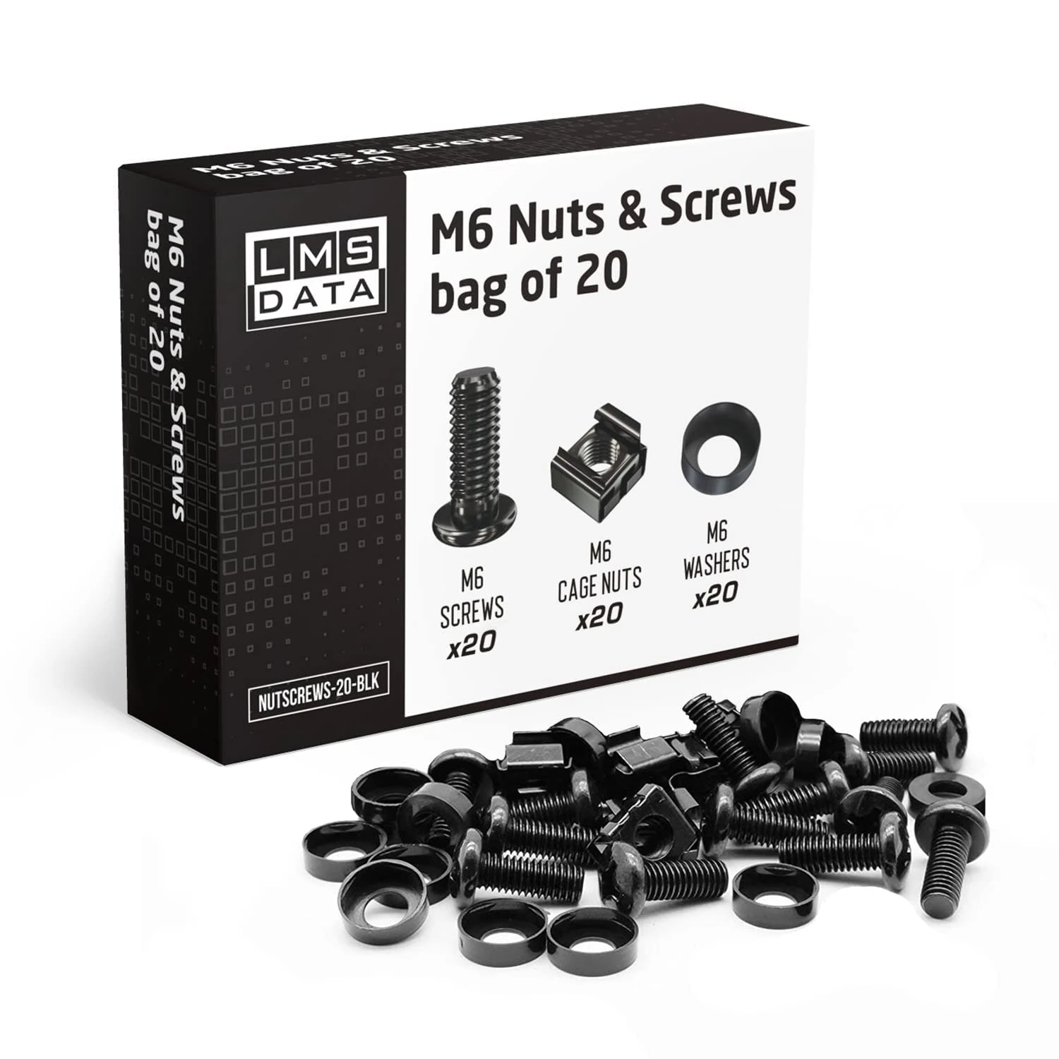 LMS Data M6 Cage Nuts Screws and Washers Set -Assortment Nuts and Bolts Kit for Rack Mount Data Cabinets, Server Shelves Fixing and Installation (Black, 20)