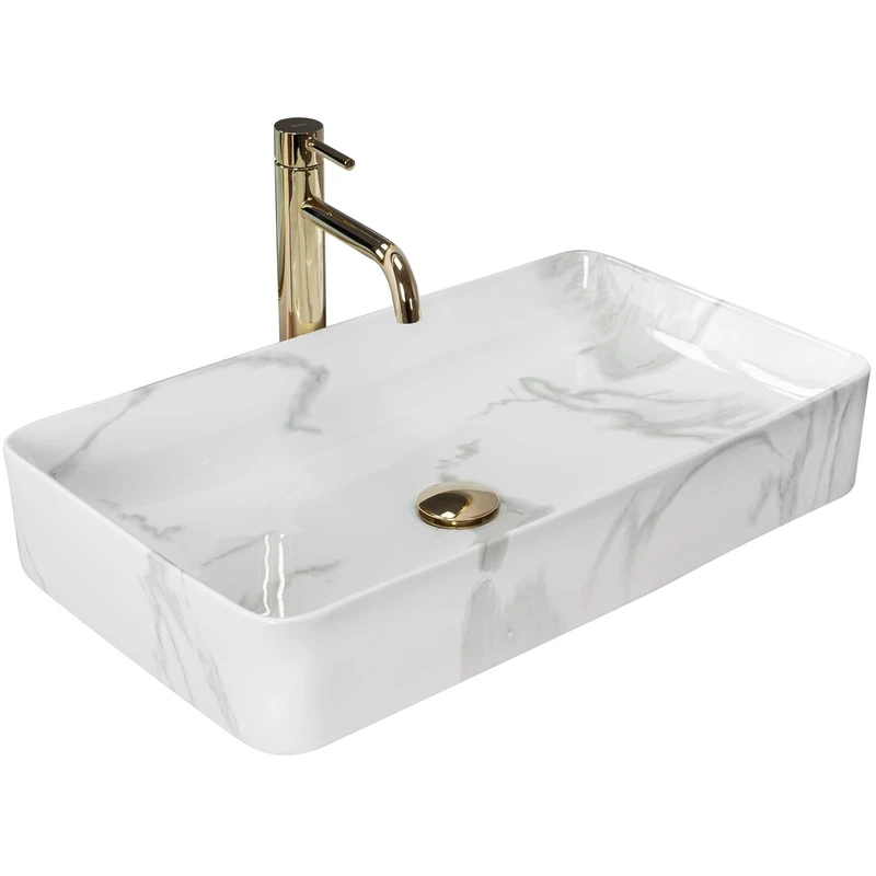 Rea REA-U5896 Bathroom Sink Made of creamic Denis Marmo Shiny-pattern-REA-U5896, White Imitation Marble