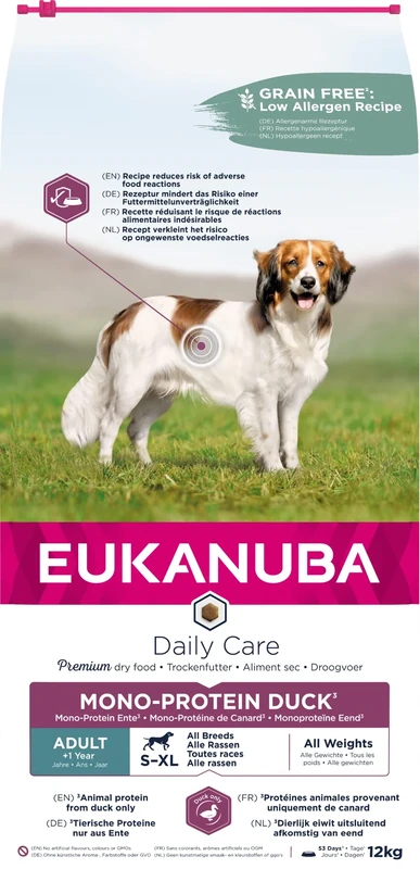 Eukanuba Daily Care Mono-Protein Dog Food - Dry Food with Duck Only as Animal Protein, Low Allergy Formula, 12 kg
