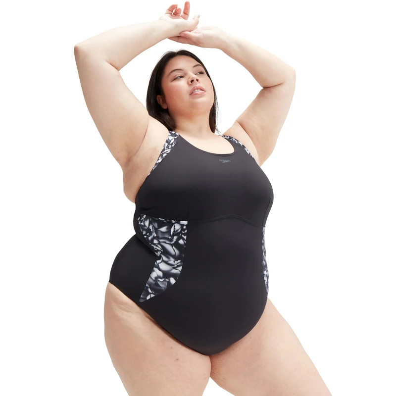 Speedo Women's Printed Orchidlustre + One Piece Swimsuit | Shaping Swimming Costume Swimwear, Black/USA Charcoal/White, 40