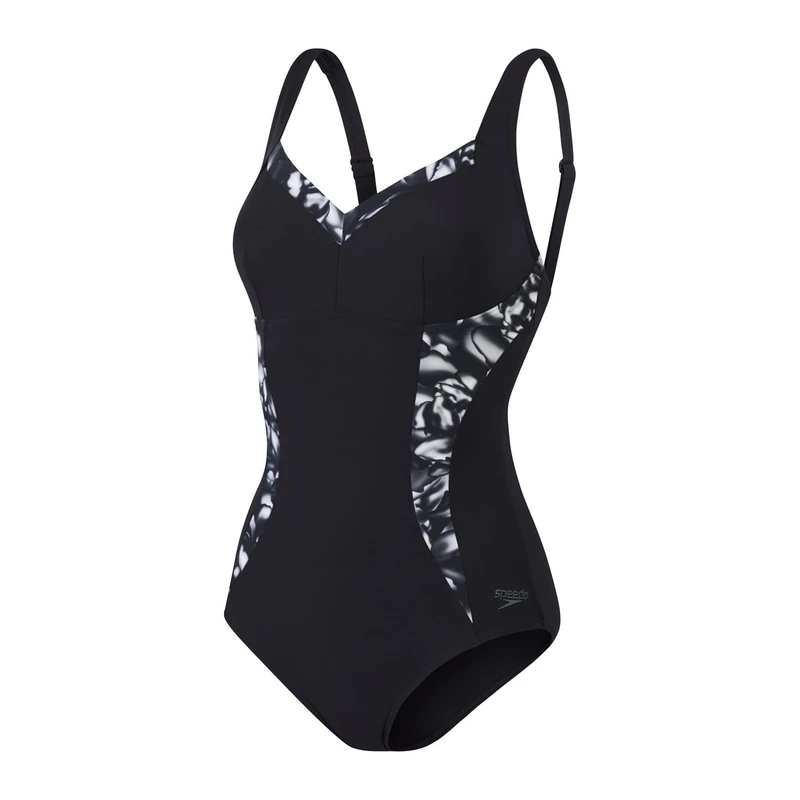 Speedo Women's Shaping Printed LunaElustre 1 Piece Swimsuit | Shapewear | Beach and Holiday Swimwear, Black/USA Charcoal/White, 32