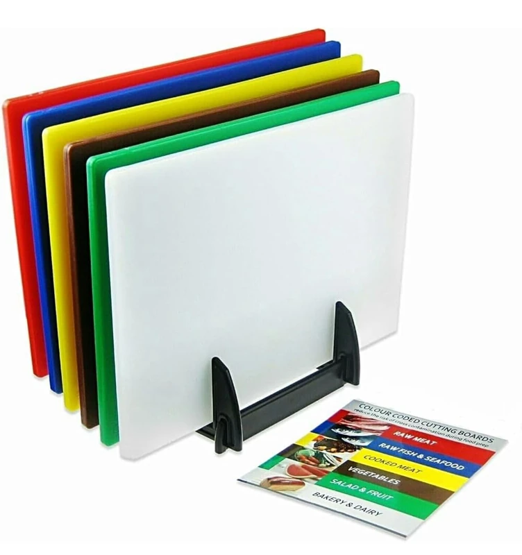 Acense Professional Large Colour Coded Chopping Boards for Commercial Kitchen with Rack - 45 x 30 x 10mm - Assorted Set of 6