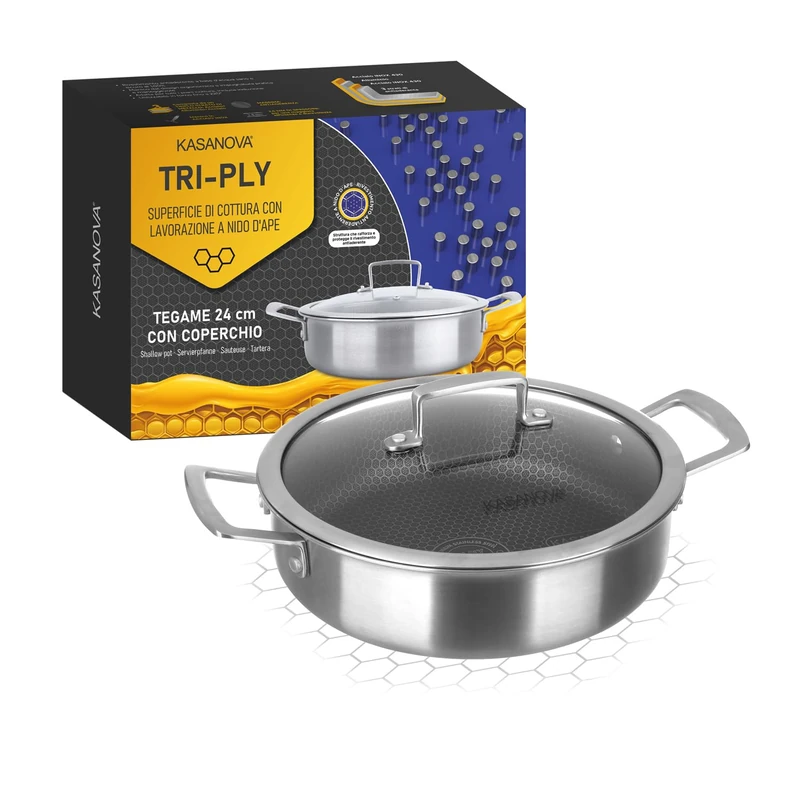KASANOVA 24cm 3 Layer Pot with 3 Layer Lid, 3L, Silver, Antihaft, Suitable for Oven, Induction & All Hobs, Includes Glass Lid