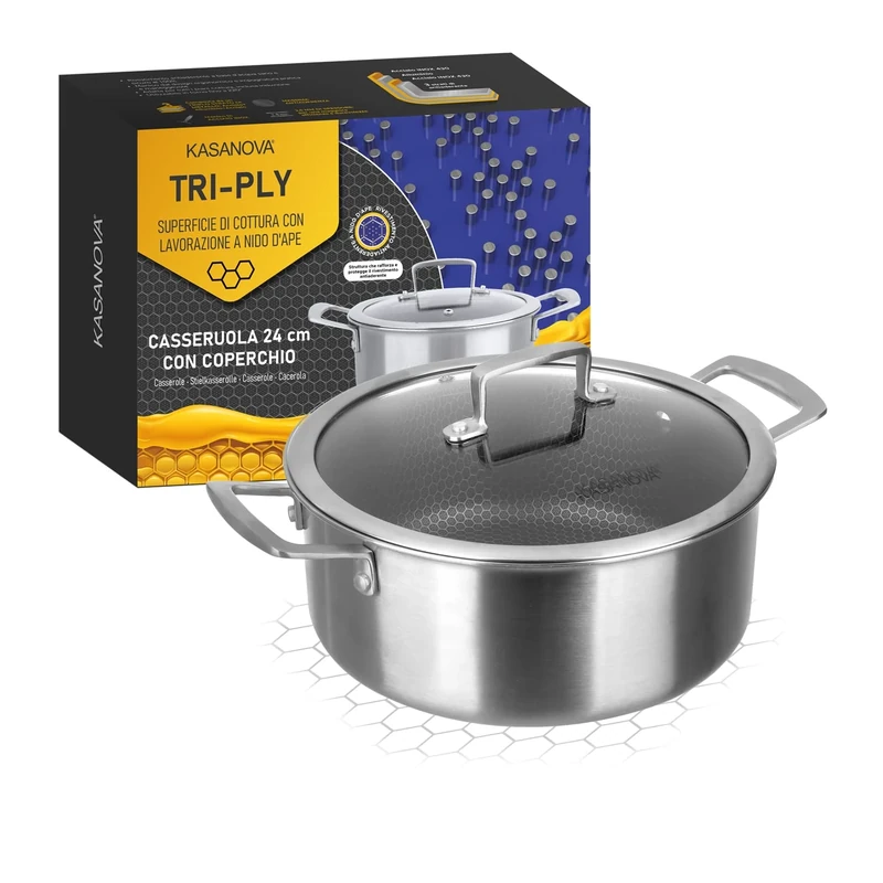 KASANOVA Triple Layer Saucepan with 3 Layer Lid - Indestructible 3-Layer Non-Stick Coating (24cm)