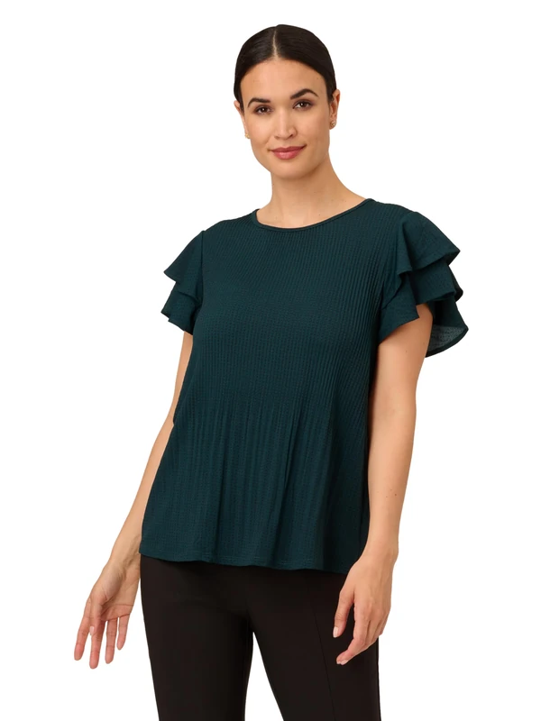 Adrianna Papell Women's Pleated Knit Double Sleeve Top Blouse, Dark Evergreen/Black Seed Dot, XL - Image 1