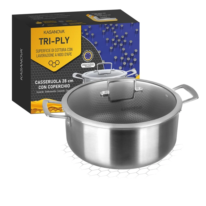 KASANOVA Triple Layer Saucepan with 3 Layer Lid - Indestructible 3-Layer Non-Stick Coating (28cm)