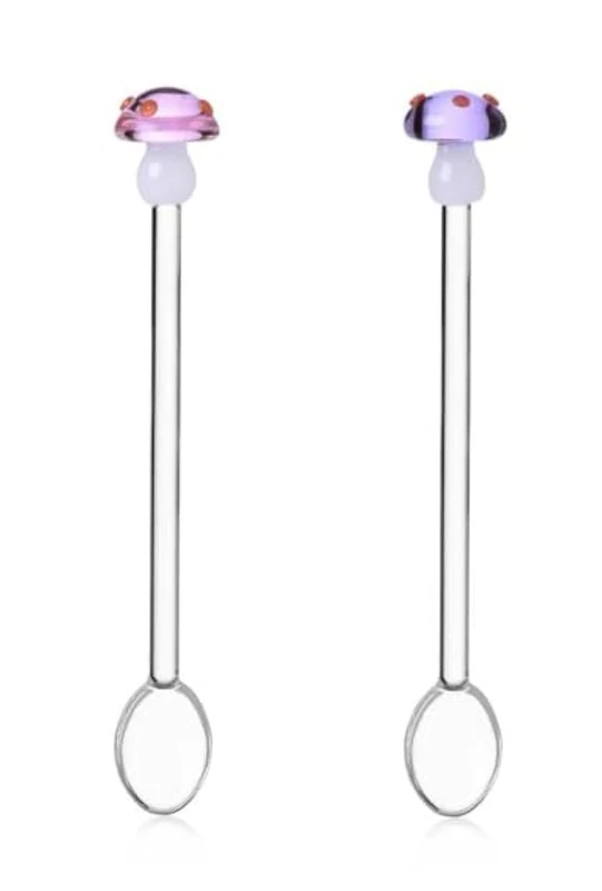 Ichendorf Milano Set of 2 Purple and Pink Mushroom Spoons | Alice Collection | H 15 cm | Borosilicate Glass | Handmade
