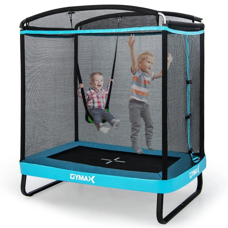GYMAX 6 FT Kids Trampoline, Rectangle Trampoline with Enclosure Net, Swing and Spring Cover, Indoor Outdoor Combo Bounce Trampoline for Boys & Girls (Blue)