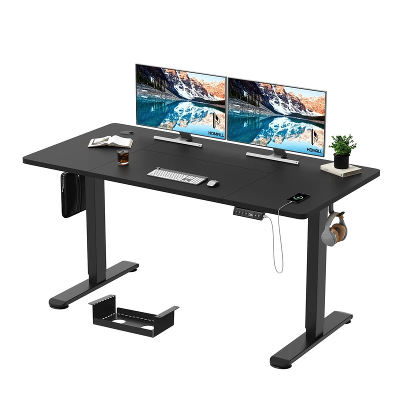 Homall Height Adjustable Electric Standing Desk 140x70cm with USB Charging Sit Stand Desk with Time Reminder Stand up Table 3 Memory Setting Wire Management Tray,Black