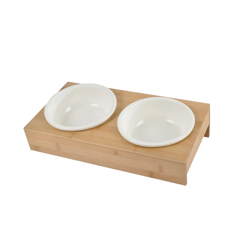 Double Ceramic Bowl with Stand Natural Bamboo D16 cm, 37 x 19.5 cm, White