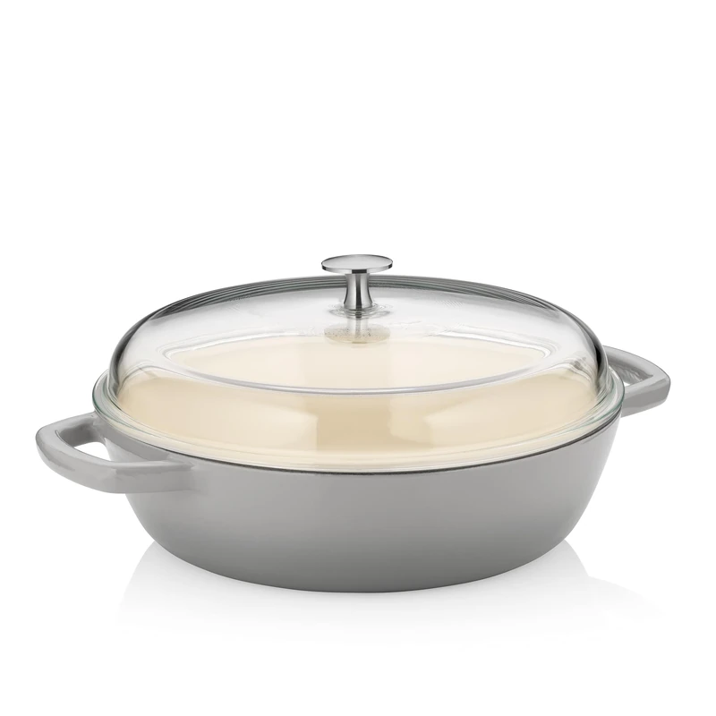 kela braising pan 28 cm high rim CALIDO, cast iron pan induction with glass lid 3.8 l, enamelled cast iron pan, light grey