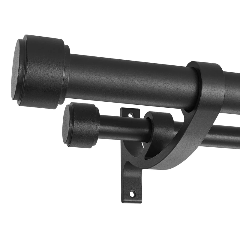 Double Curtain Rods with Aluminum Bouquet Brackets and End Cap Finials, Matte Black Curtain Rods for Windows 36 to 72'',1''Front and 5/8''Back Double Drapery Rods for Blackout and Sheer Curtain Panels - Image 1