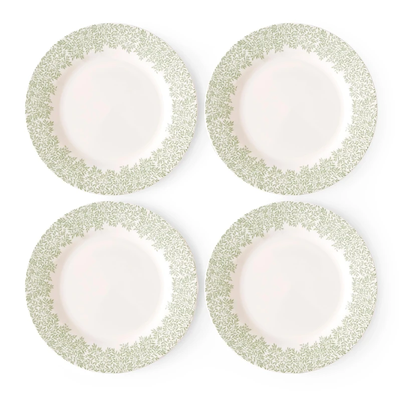 Spode x Morris and Co Set of 4 Standen Dinner Plates - Quality Earthenware Dinner Plate with All-Over Leaf Border Design, Made in England, Dishwasher and Microwave Safe