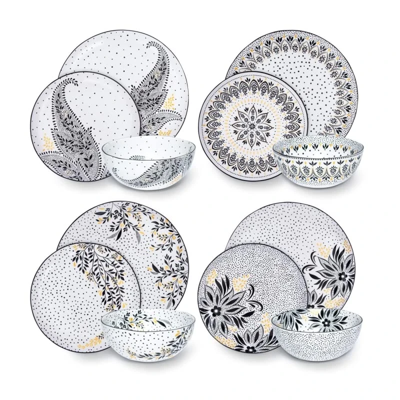 Portmeirion x Sara Miller London Artisanne Noir 12-Piece Dinner Set for 4 – Porcelain Tableware with Gold Detailing, Plates & Bowls, Contemporary Dining Set