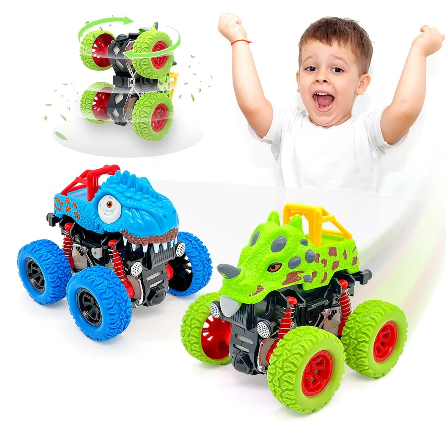 AESTEMON Car Toys for 2 Year Old Boy, 2-Pack Dinosaur Monster Truck Toy Cars for 2 3 Year Old Boys Gifts, Pull Back Friction Inertia Vehicles Birthday Gifts for Kids Toddler Boys Toys Age 2 3 4 5
