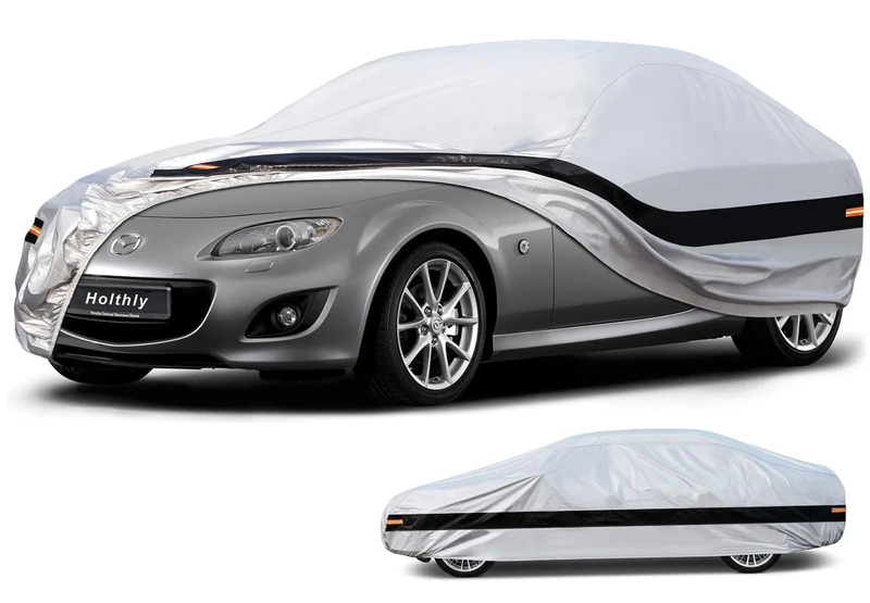 Holthly 10 Layer Car Cover Waterproof All Weather for Coupe,100% Waterproof Outdoor Car Covers Custom Fit for Mazda Miata MX5 MX-5, Toyota Mr2, Pontiac Solstice, Kia Rio,etc Silver