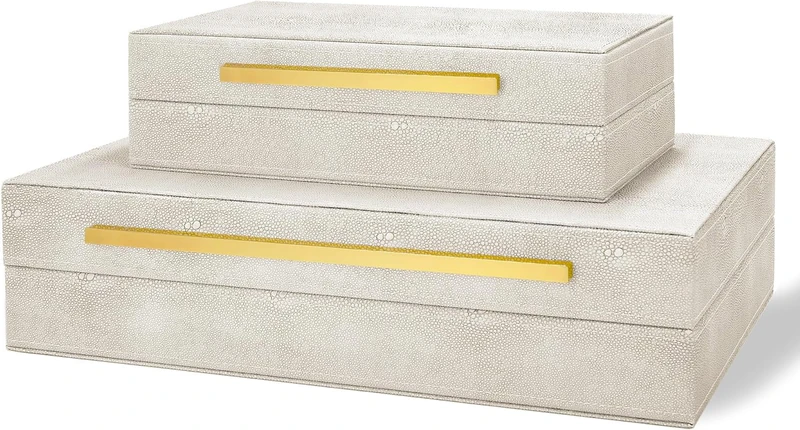 Sanfubox Modern Decorative Box Faux Shagreen Leather, Decorative Storage Boxes with Lids for Home Decor, Large Multifunctional Storage Jewelry Box Organizer(white)