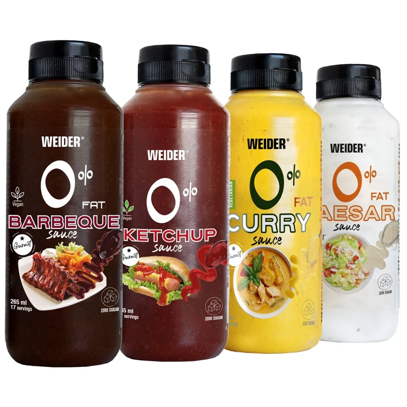 Weider PACK Gourmet 0% Fat Sauces (4x265 ml). Complete Pack 4 Dressing Sauces - BBQ - Ketchup - Caesar - Curry - 0% Fat, 0% Sugar, 100% Flavour; Low Calorie; Ideal for dressing any dishes.