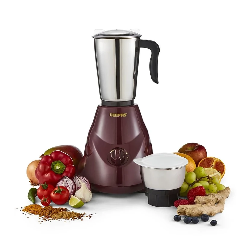 GEEPAS 550W 2-in-1 Mixer Grinder | Stainless Steel Jars & Blades | 3 Speed Control, Perfect for Chutney, Dry & Wet Fine Grinding Mixing | Overload Protection | Powerful Motor | 2 Year Warranty, Maroon