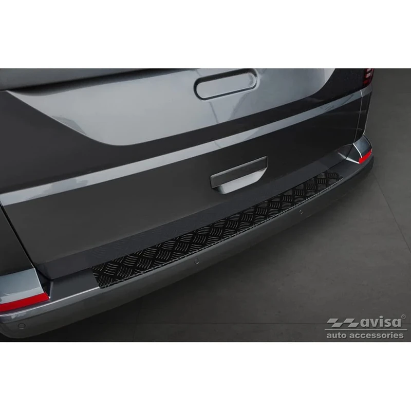 Avisa Matt Black Aluminum Rear bumper protector compatible with Volkswagen Transporter T6 2015- & FL 2019- (with rear hatch) 'Riffled plate'