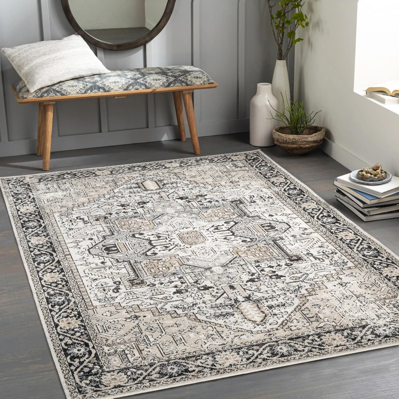Artistic Weavers Livabliss Kerzaz Machine Washable Rug - Vintage Area Rugs Living Room, Large Rug 160x213 cm - Traditional Boho Style, Dining Room, Kitchen, Outdoor, Hallway - Black Beige, Taupe