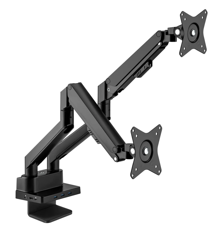 Manhattan Aluminium Desk Mount with Gas Lift for Dual Monitors & 8-in-1 Docking Station, for Monitors from 17" to 32" and up to 9 kg per arm, Black, 461887