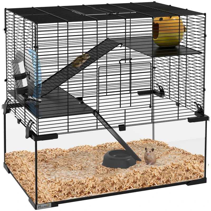 PawHut 3 Tiers Hamster Cage, Gerbil Cage with Deep Glass Bottom, Non-Slip Ramps, Platforms, Hut, Exercise Wheels, Water Bottle, Dish, for Syrian and Dwarf Hamster, 60 x 40 x 54.5cm