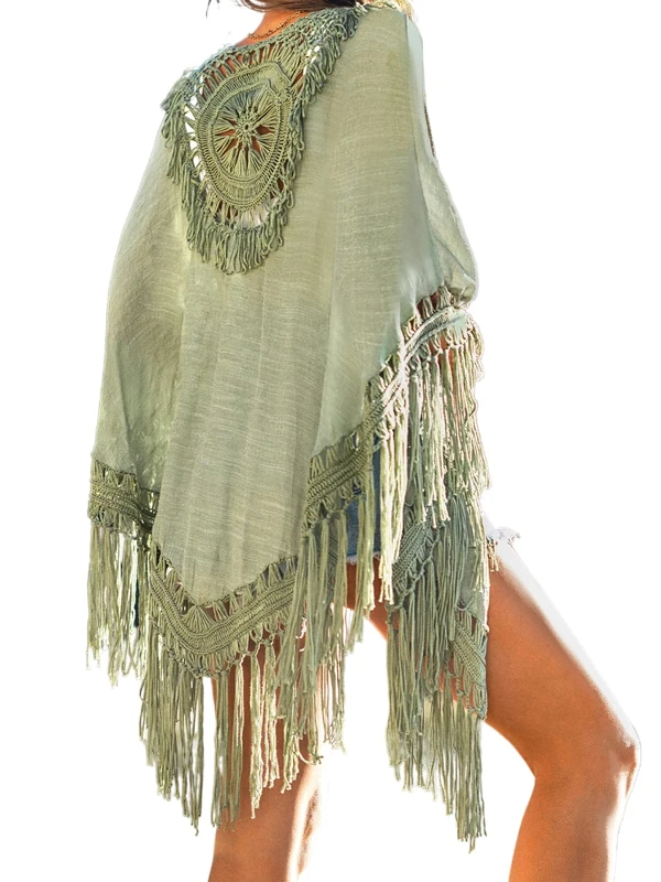 CUPSHE Women Cover-Up Kimono Boho Fringe Open-Front Long Sleeves Sexy Beach Cover Up Casual Summer Green One Size