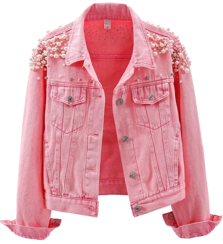 Kedera Women's Embroidered Rivet Pearl Short Denim Jacket Coat, Pink, Medium