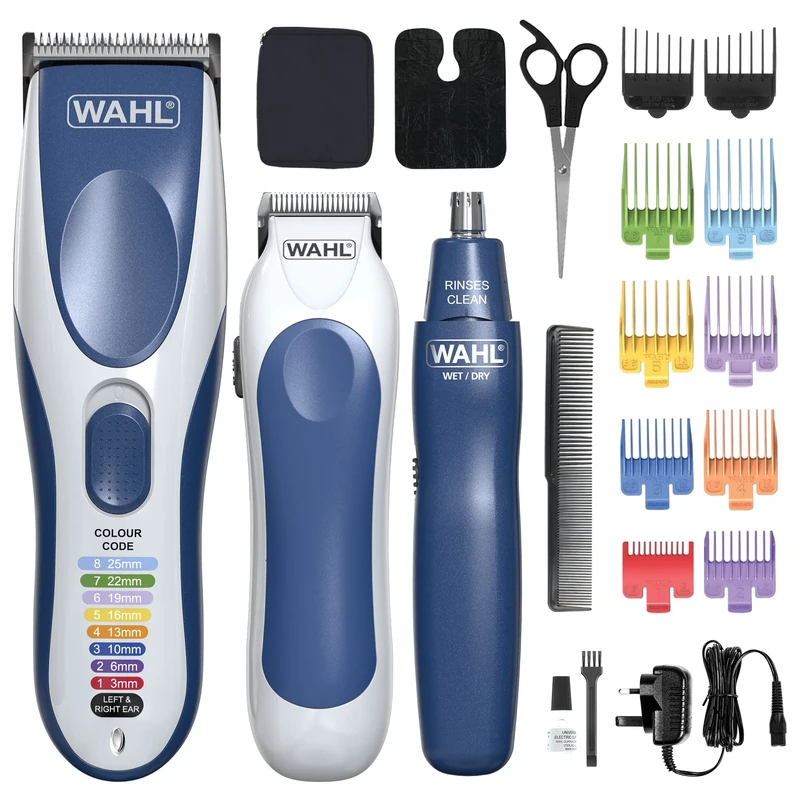 Wahl Colour Pro Cordless 3‑in‑1 Hair Cutting Kit - Rechargeable Hair Clipper with Colour‑Coded Combs, Battery Trimmer & Nose/Ear Hair Remover, 60‑Min Cordless Use