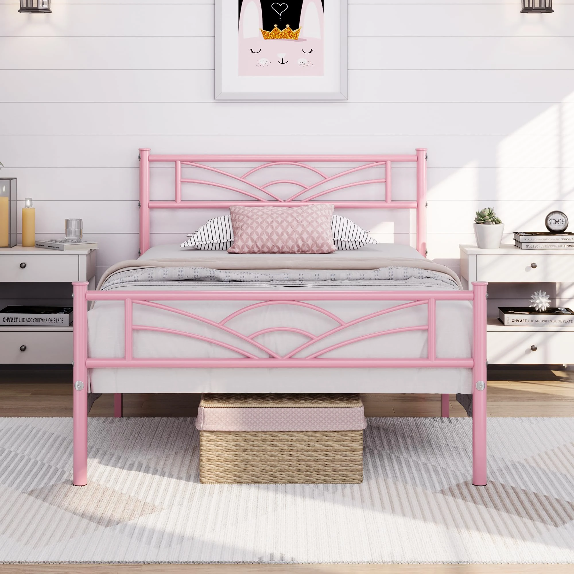 Yaheetech 3ft Single Bed Metal Slatted Bed Frame with Cloud-inspired Design Headboard, Under-bed Storage Pink