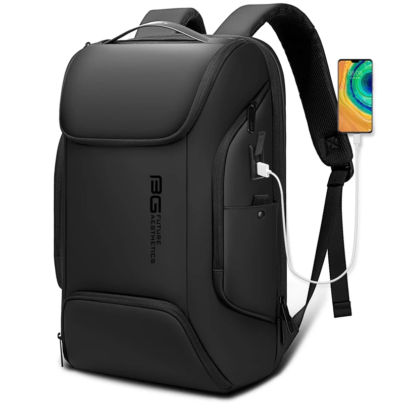 BANGE Business Men Backpack Waterproof Large Capacity External Charging Port Bag Black Fashion Backpack, 7267black