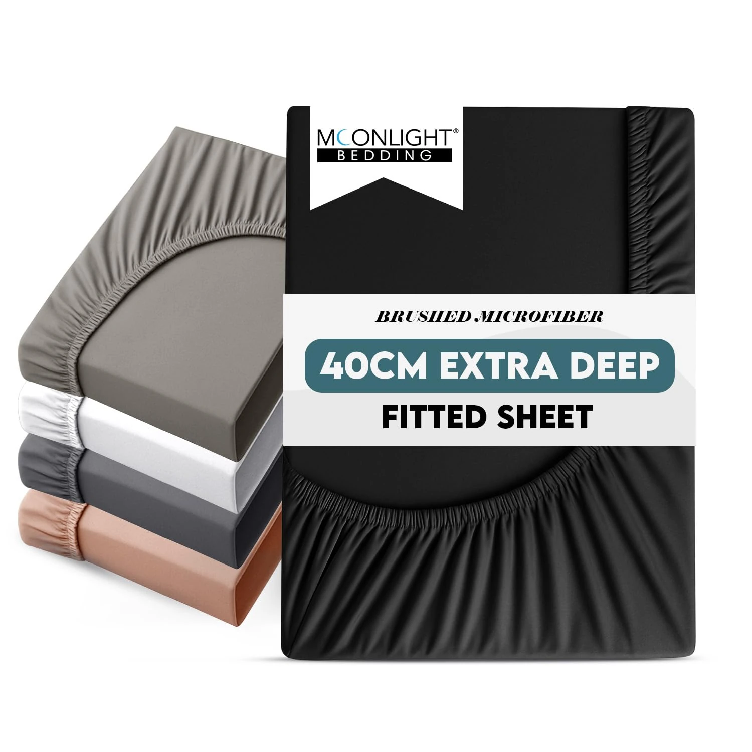 Moonlight Bedding Fitted Sheet 40 Cm Extra Deep Pocket Bed Sheets 16 inch Ultra Soft Bottom Sheet Brushed Microfiber Breathable Shrinkage and Fade Resistant (Black, Double)