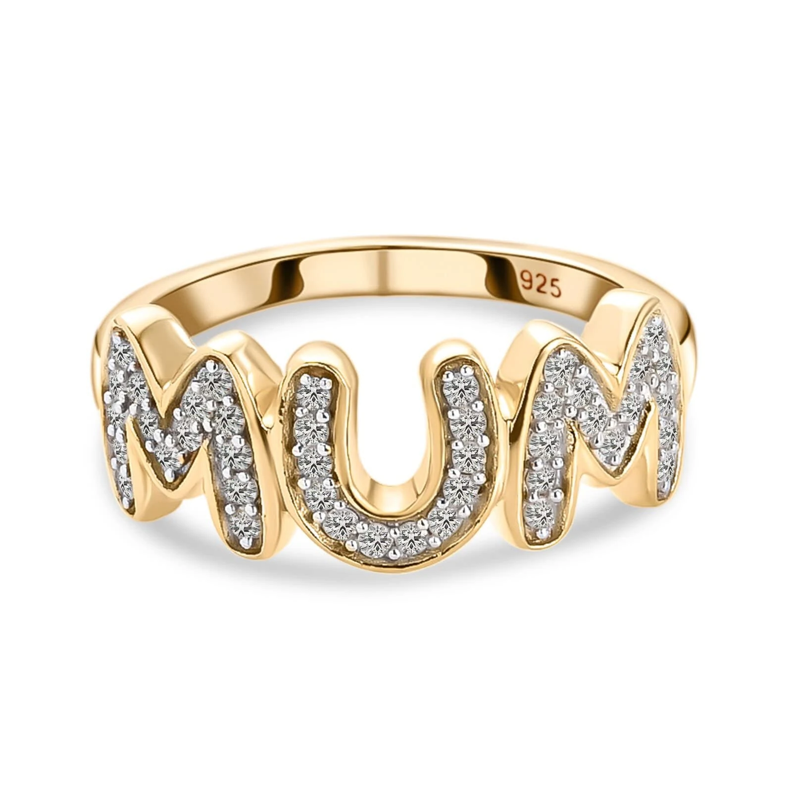 TJC Moissanite Mum Band Ring for Women in Yellow Gold Plated 925 Sterling Silver Size M Pave Setting Metal Wt. 2.25 Grams