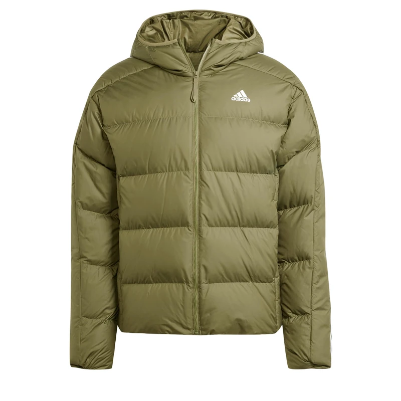 adidas Men's Essentials Midweight Down Hooded Stripes Jacket, Olive Strata, 4XL
