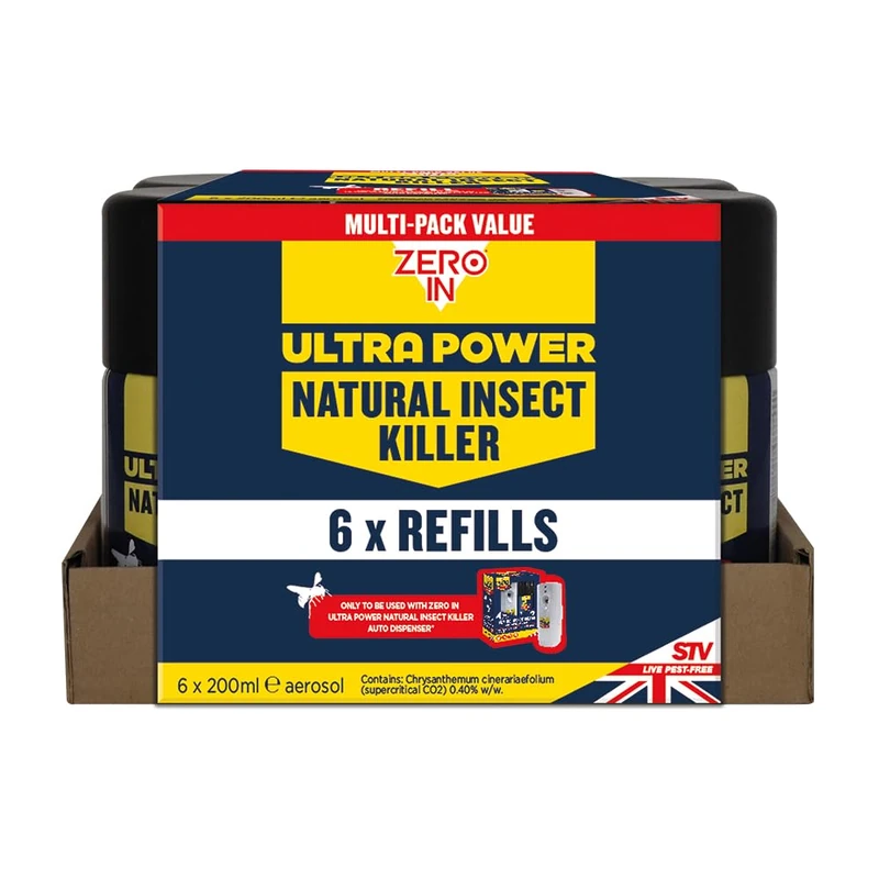 Zero In Ultra Power Natural Insect Killer Refill- 200 ml Aerosol (6-Pack) Value Pack Kills Flies, Cluster Flies, Fleas, Bed Bugs and more Use in Homes, Lofts and Outbuildings