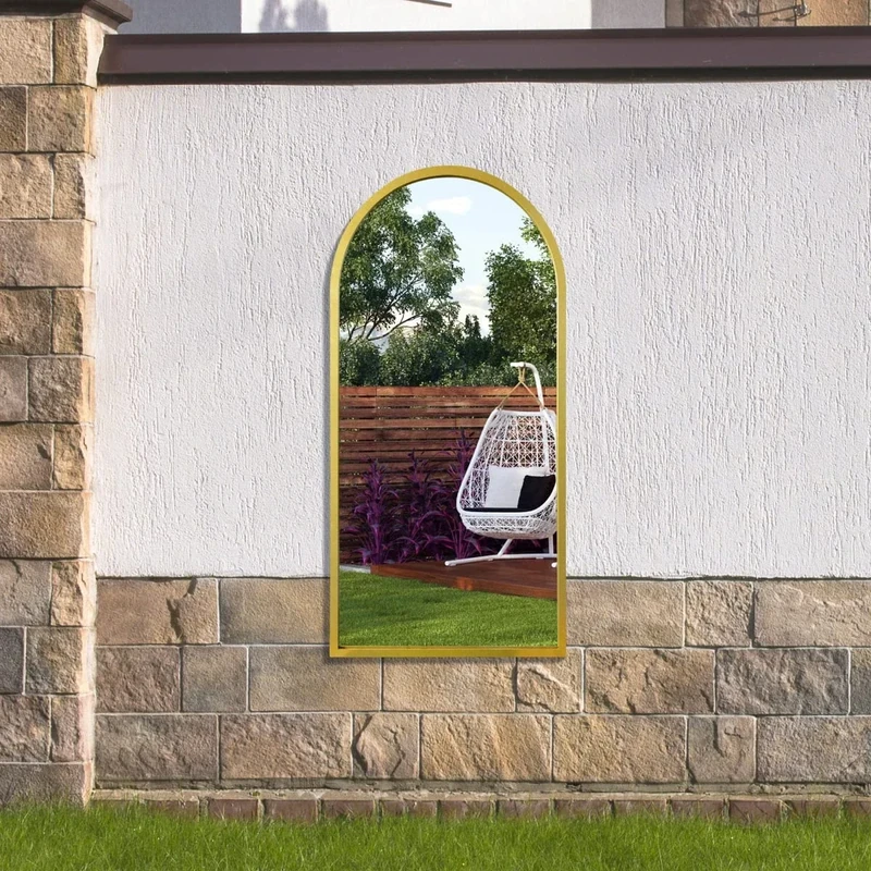MirrorOutlet The Arcus - Gold Metal Framed Modern Arched Garden Wall Mirror 47" X 23.5" (120CM X 60CM) Black. 2cm Wide Frame and 3cm Deep.