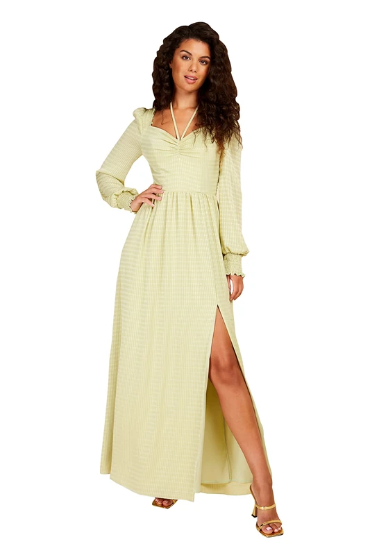 Chartreuse Check Tie Neck Maxi Dress