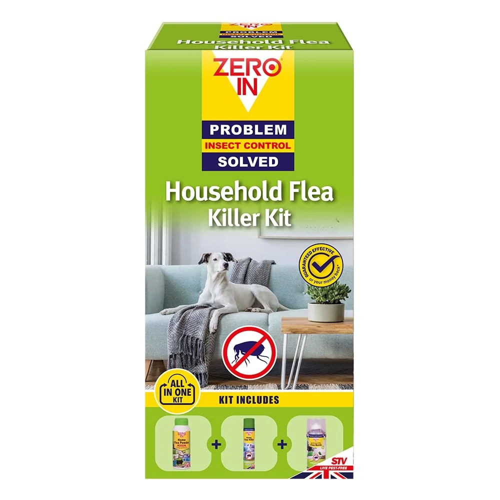Zero In All-In-One Flea Killer Kit. Lasting Control, Prevent Reinfestations. Kills Fleas, Eggs & Larvae. Value Kit Includes Flea Powder - 300 g; Flea Killer – 300 ml; Natural Killer Flea Bomb – 150 ml
