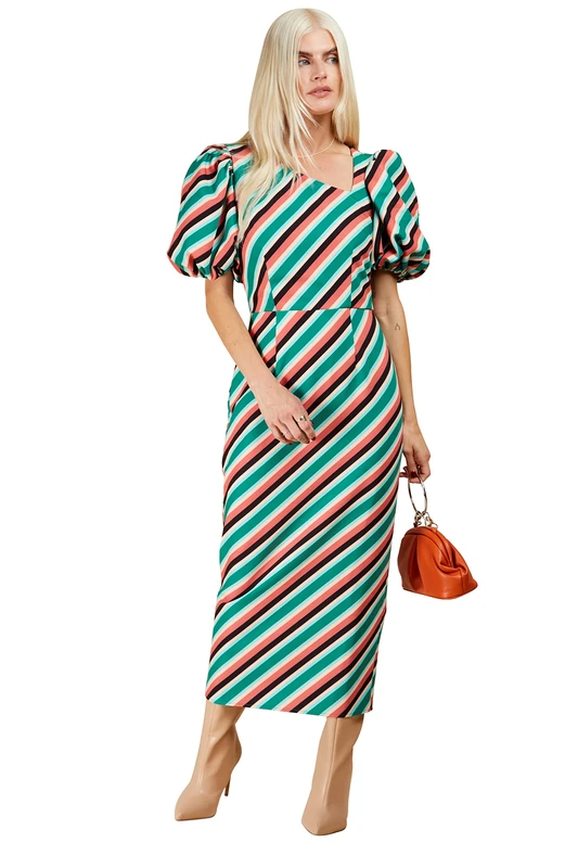 Little Mistress Stripe Asymmetric Neck Midi Bodycon Dress, 16 Multi