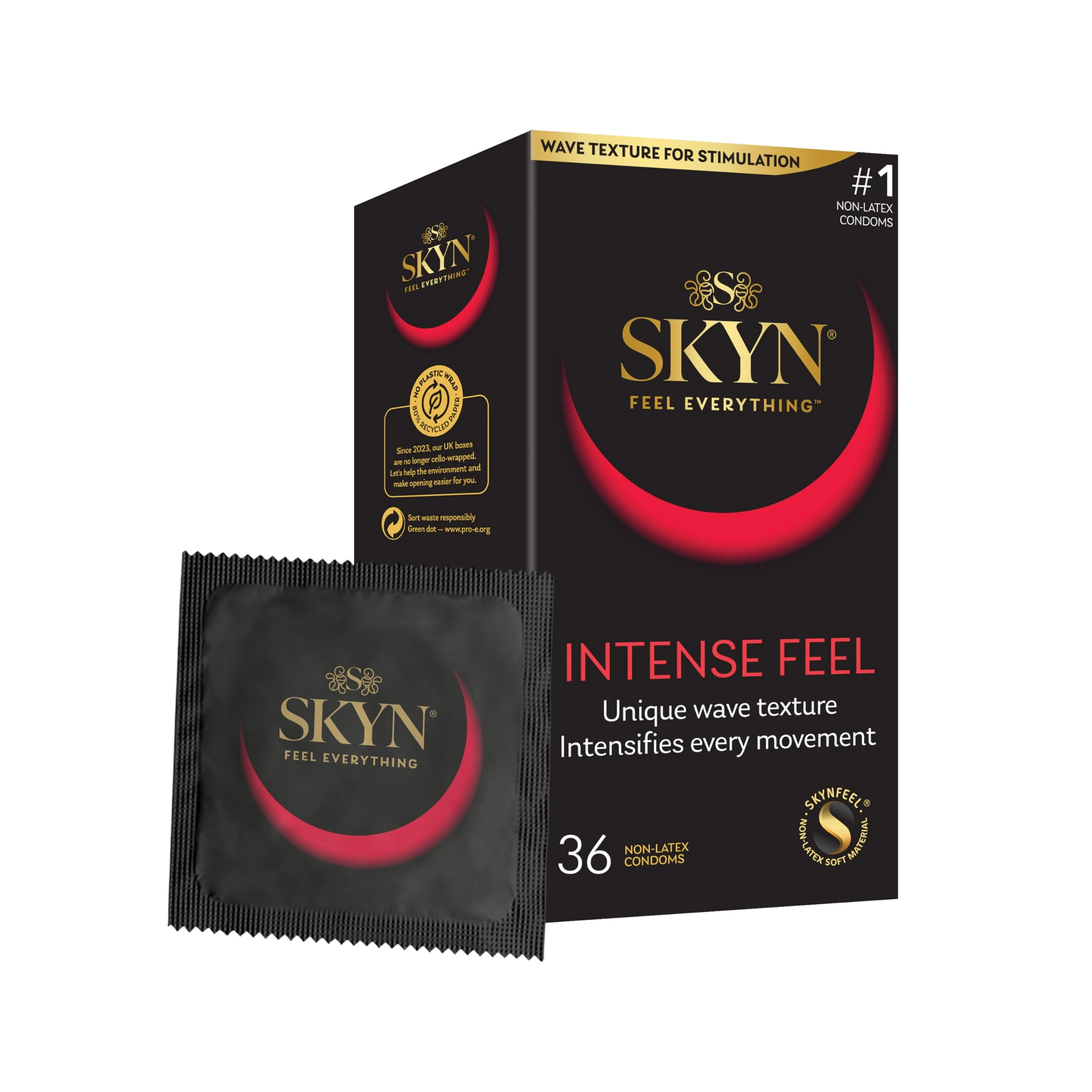 SKYN Intense Feel Condoms Pack of 36 / Skynfeel Latex Free Condoms for Men, Regular Size, Thin, Ribbed and Dotted Straight Shape, 53mm Wide