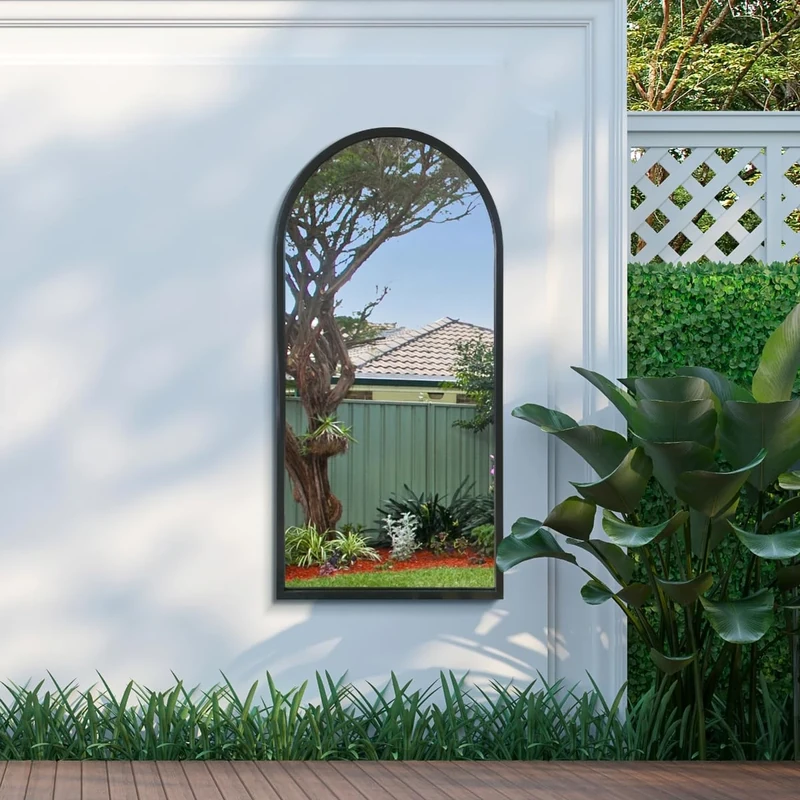 MirrorOutlet The Arcus - Black Metal Framed Modern Arched Garden Wall Mirror 47" X 23.5" (120CM X 60CM) Black. 2cm Wide Frame and 3cm Deep
