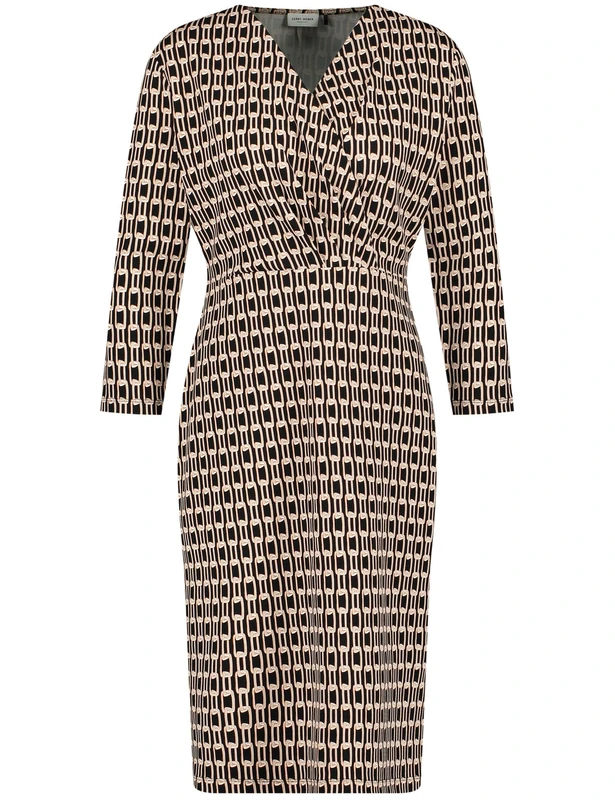 Gerry Weber Women's Dress with Wrap Look and Chain Design 3/4 Sleeve Dress Knitted Dress Patterned Short, Black/Ecru/White Print, 20