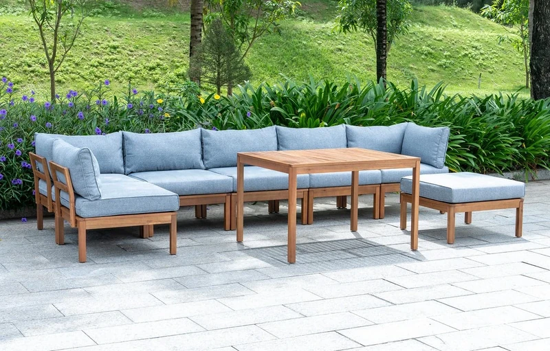 Out & Out Original Cali 7-Seat FSC Eucalyptus Wood Lounge Set - L-Shape w/Ottoman, Grey Cushions, Table - Outdoor Garden Furniture