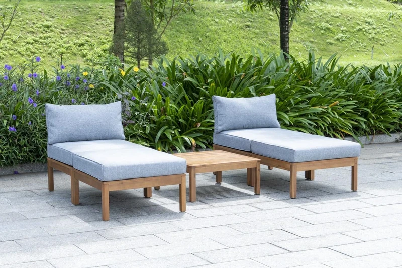Out & Out Original Cali 2-Seater Wooden Terrace Set - FSC Certified Eucalyptus Wood - Includes Seats, Ottomans, and Coffee Table - Outdoor Patio Furniture with Removable Cushions