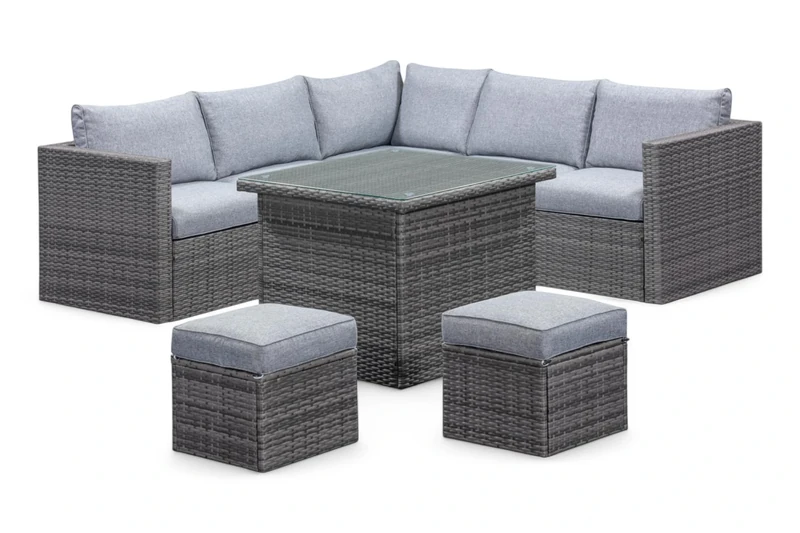 Out & Out Original Lima 7-Seat Grey Rattan Corner Lounge Set w/High Table - Tempered Glass Top, Removable Cushions, Modern Outdoor & Garden Furniture