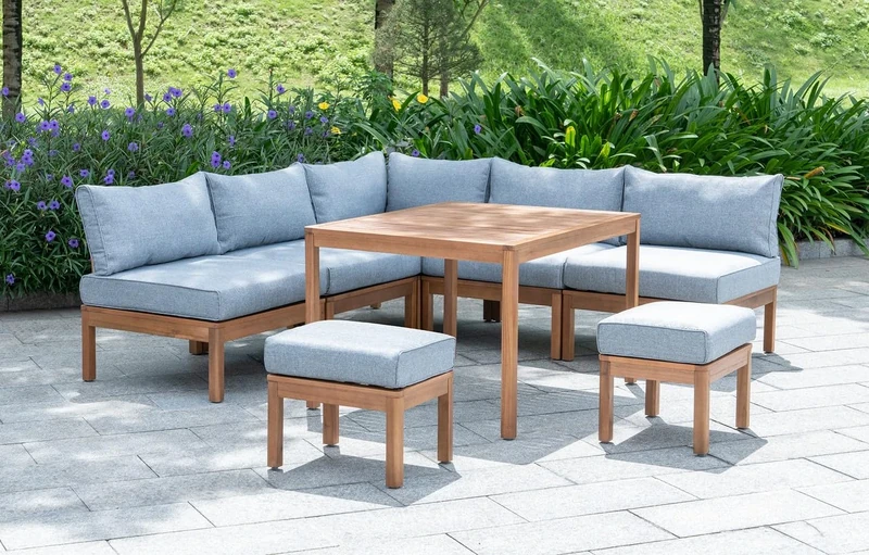 Out & Out Original Cali Garden Outdoor Patio Wooden Lounge Set - 7 Seats - FSC Certified Eucalyptus Wood - Corner Seat, 4 Middle Seats, 2 Stools, Dining Table - Grey Polyspun Cushions