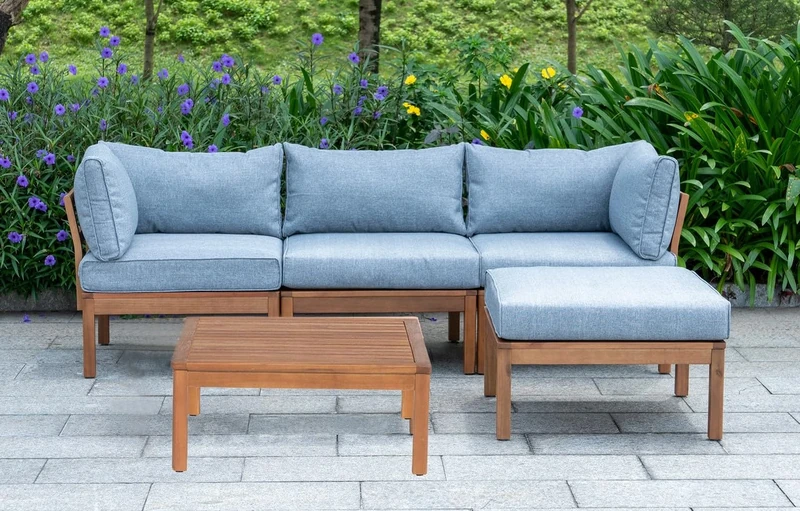 Out & Out Original Cali 3-Seat Modular Chaise Lounge Set - FSC Eucalyptus Wood, Grey Cushions, Removable Ottomans, Coffee Table - Outdoor Garden Furniture