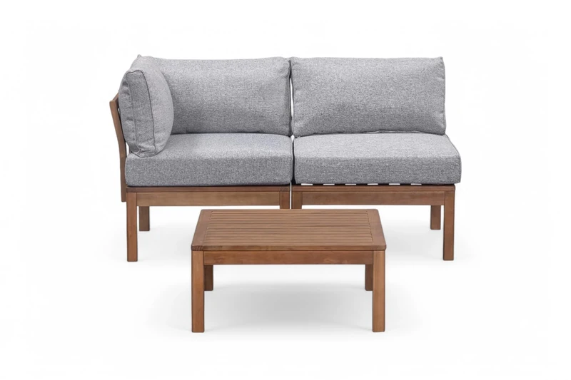 Cali Wooden Garden Lounge Set - 2 Seats - Eucalyptus Wood - Compact Outdoor Furniture with Corner Seat, Middle Seat, Ottoman/Coffee Table - Grey Polyspun Cushions - FSC Certified