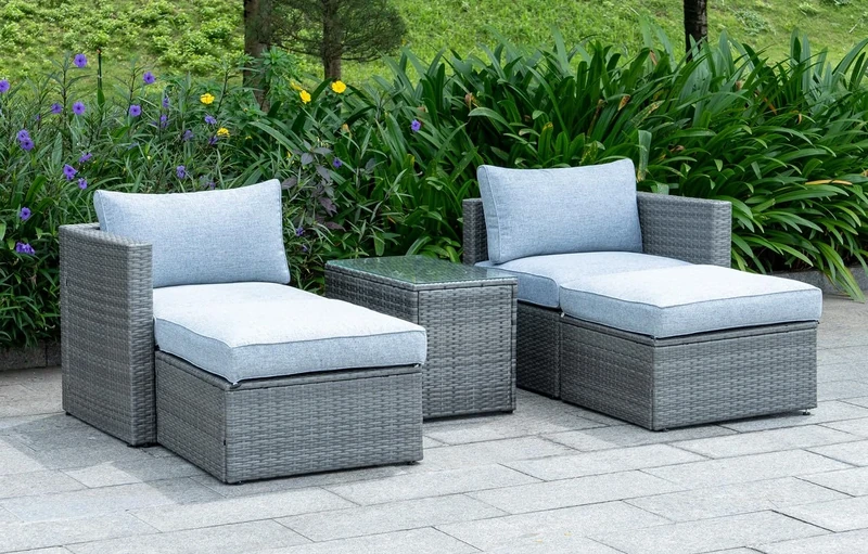 Lima 4-Piece Outdoor Grey Rattan Chaise Lounge Set for Patio & Garden Relaxation - Plush Cushions, Tempered Glass Table 2 Seats